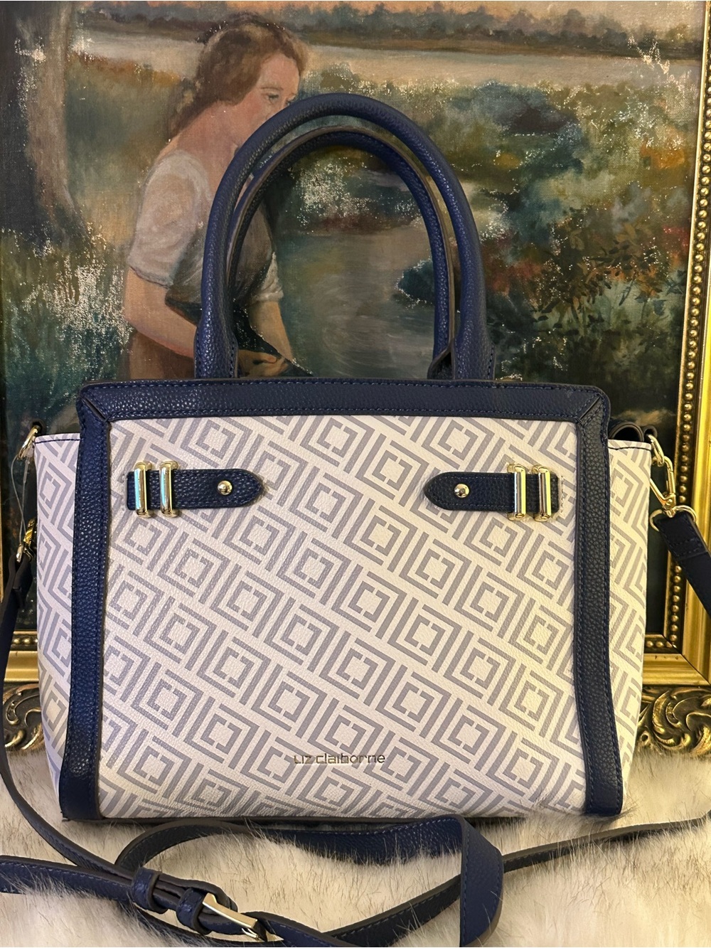 Liz Claiborne Navy & Cream Geometric Satchel
